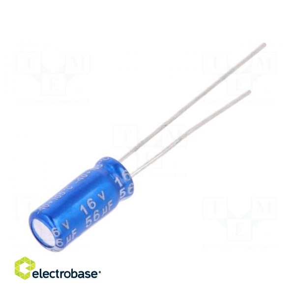 Capacitor: electrolytic | THT | 56uF | 16VDC | Ø5x11mm | Pitch: 2mm | ±20%