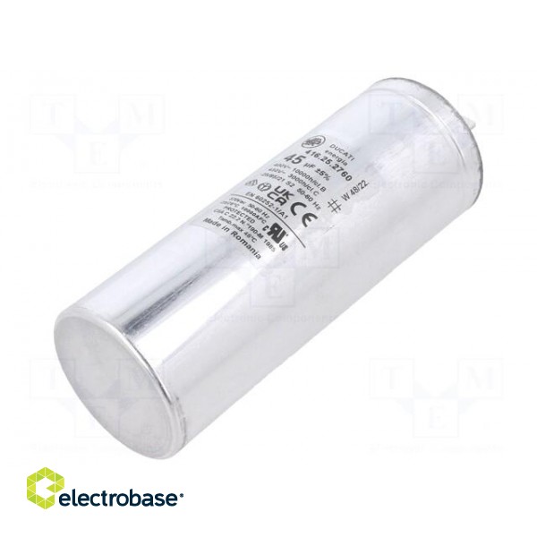 Capacitor: motors, run | 45uF | 425VAC | Ø45x122mm | -25÷70°C | ±5% image 1