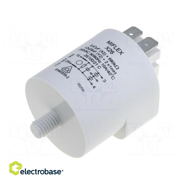 Filter: anti-interference | mains | 250VAC | Cx: 0.47uF | Cy: 25nF | 1mH