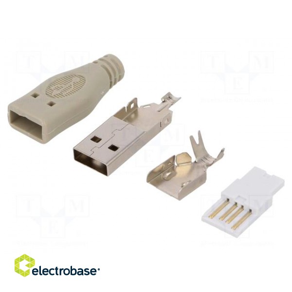 Plug | USB A | male | for cable | soldering | PIN: 4 | straight | grey
