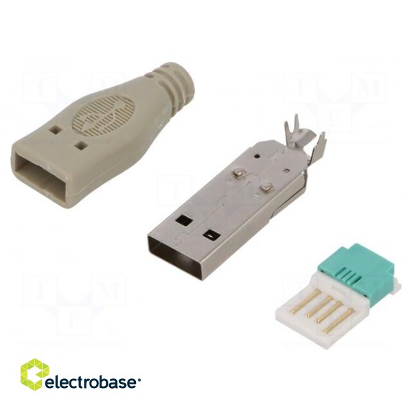 Plug | USB A | male | for cable | without tools | PIN: 4 | straight | grey