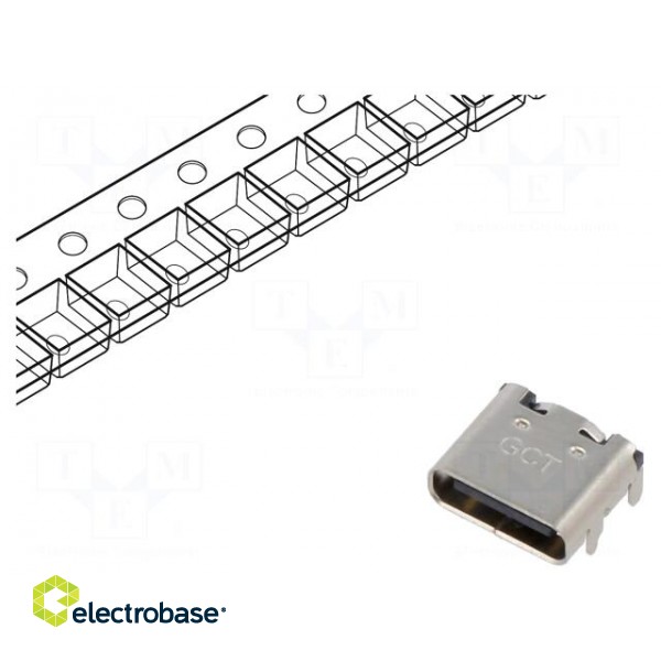 Socket | USB C | SMT | PIN: 16 | horizontal | top board mount | USB 2.0 фото 1