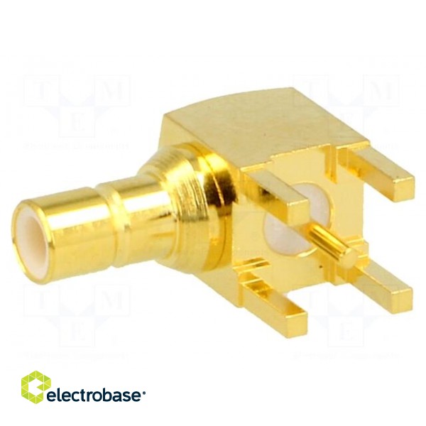 Socket | SMB | male | angled 90° | 50Ω | THT | on PCBs | PTFE | gold-plated image 1