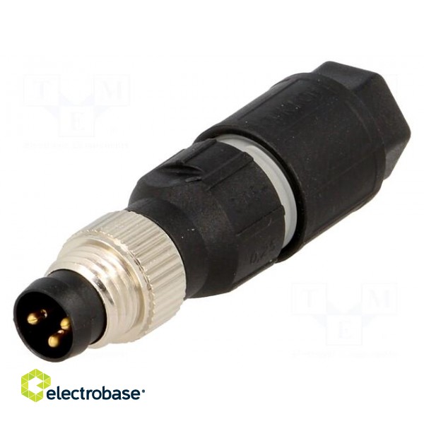 Connector: M8 | male | PIN: 3 | straight | for cable | plug | 4A | IP65/IP67 paveikslėlis 1