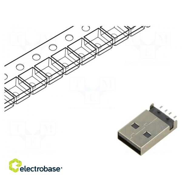 Plug | USB A | male | on PCBs | SMT | PIN: 4 | horizontal | USB 2.0 | reel