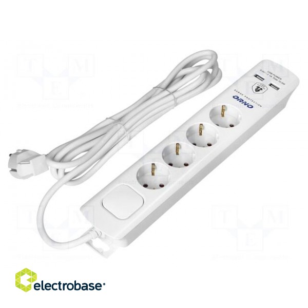 Plug socket strip: protective | Sockets: 4 | 230VAC | 16A | white | 3m