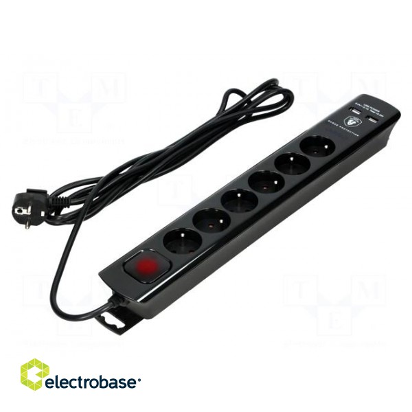 Plug socket strip: protective | Sockets: 6 | 230VAC | 10A | black | 3m