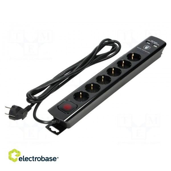 Plug socket strip: protective | Sockets: 6 | 230VAC | 16A | black | 3m