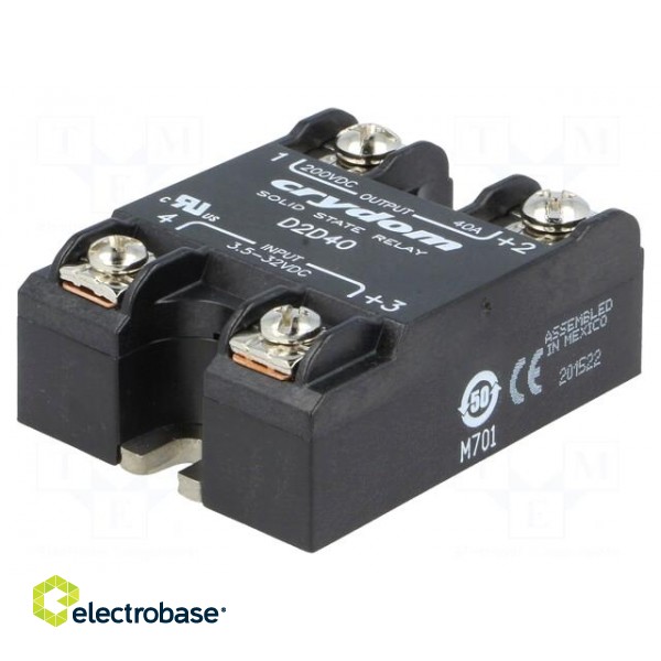 Relay: solid state; Ucntrl: 3.5÷32VDC; 40A; 1÷200VDC; Series: 1-DC фото 1