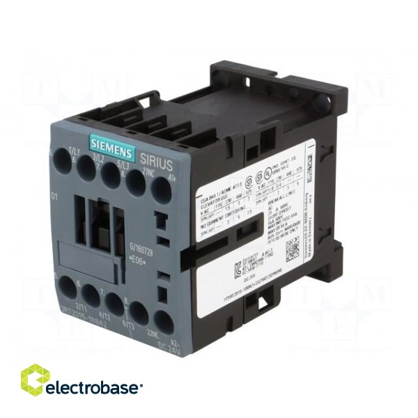 Contactor: 3-pole | NO x3 | Auxiliary contacts: NC | 24VDC | 7A | 3RT20 фото 2