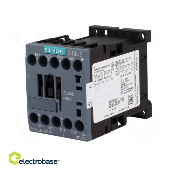 Contactor: 3-pole | NO x3 | Auxiliary contacts: NC | 24VDC | 9A | 3RT20 фото 2