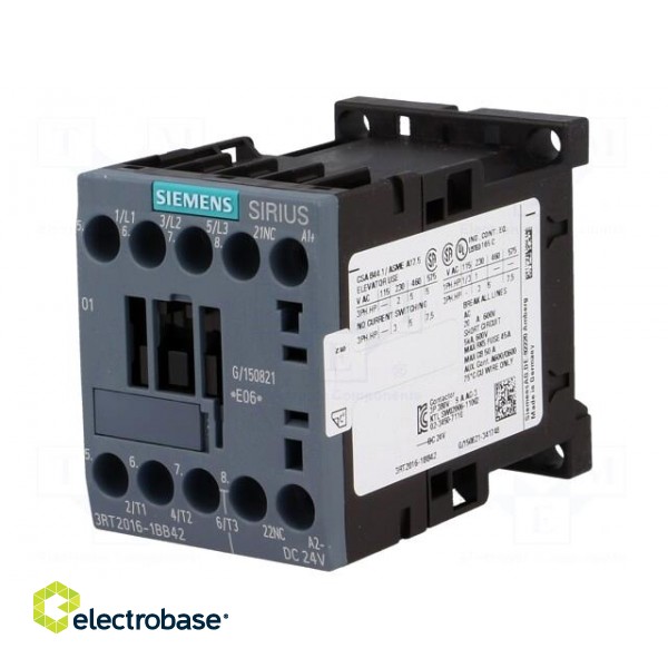 Contactor: 3-pole | NO x3 | Auxiliary contacts: NC | 24VDC | 9A | 3RT20 фото 1