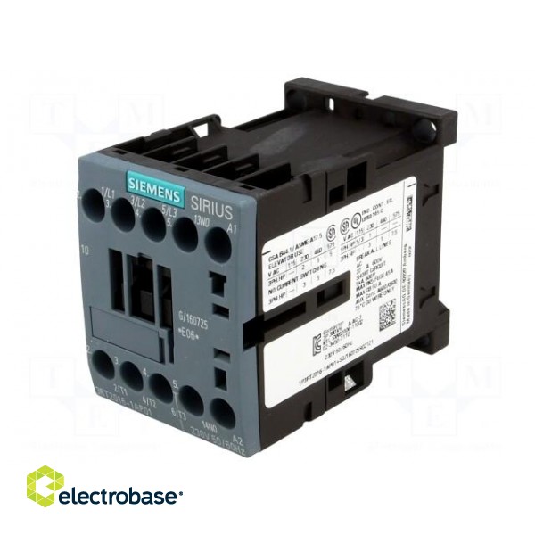 Contactor: 3-pole | NO x3 | Auxiliary contacts: NO | 230VAC | 9A | 3RT20 image 1