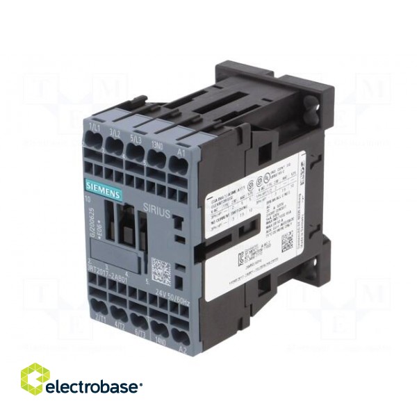 Contactor: 3-pole | NO x3 | Auxiliary contacts: NO | 24VAC | 12A | 3RT20 фото 1