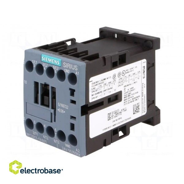 Contactor: 3-pole | NO x3 | Auxiliary contacts: NO | 24VAC | 12A | 3RT20 image 1