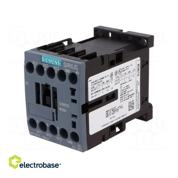 Contactor: 3-pole | NO x3 | Auxiliary contacts: NO | 24VDC | 17A | 3RT20 image 1
