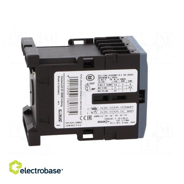 Contactor: 3-pole | NO x3 | Auxiliary contacts: NO | 24VDC | 7A | 3RT20 image 7