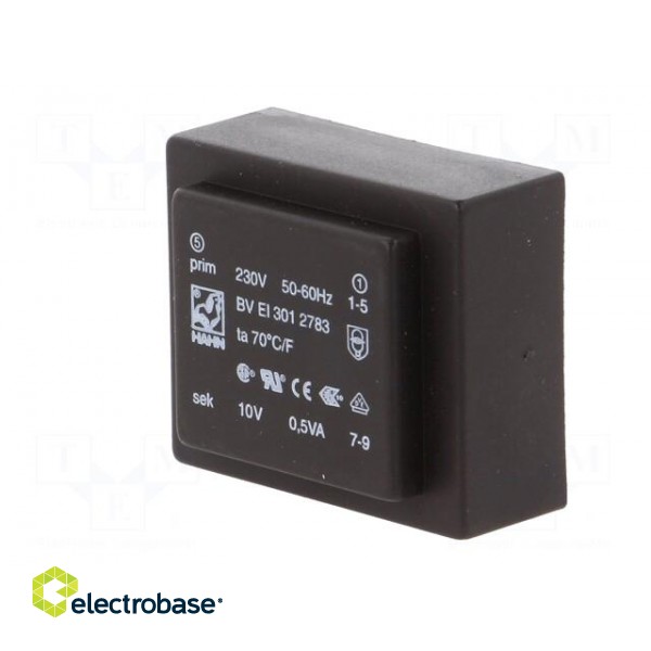 Transformer: encapsulated | 0.5VA | 230VAC | 10V | 50mA | Mounting: PCB image 4