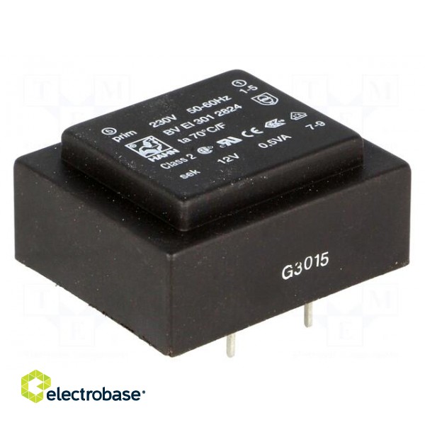 Transformer: encapsulated | 0.5VA | 230VAC | 12V | 42mA | Mounting: PCB image 1