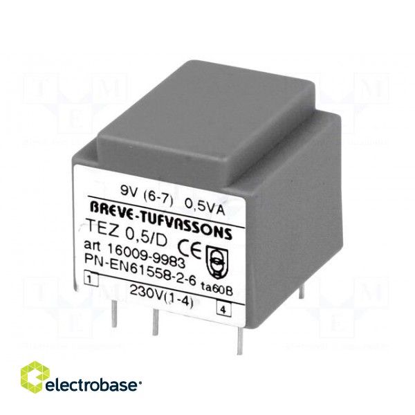 Transformer: encapsulated | 0.5VA | 230VAC | 9V | 55.5mA | Mounting: PCB image 1