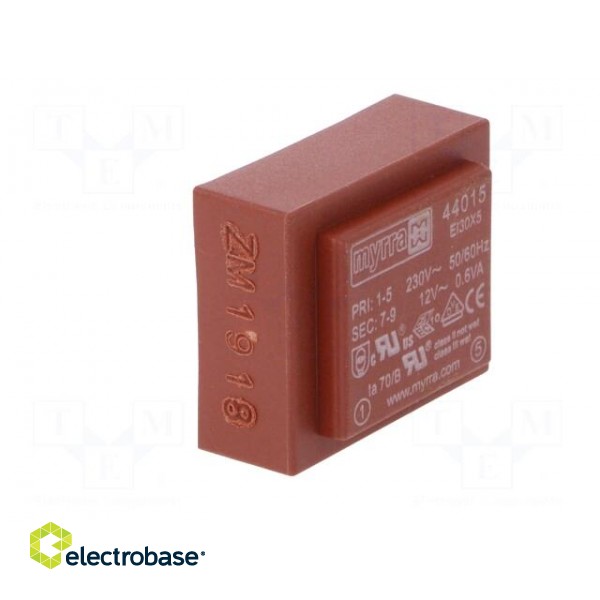 Transformer: encapsulated | 0.6VA | 230VAC | 12V | 50mA | Mounting: PCB paveikslėlis 2