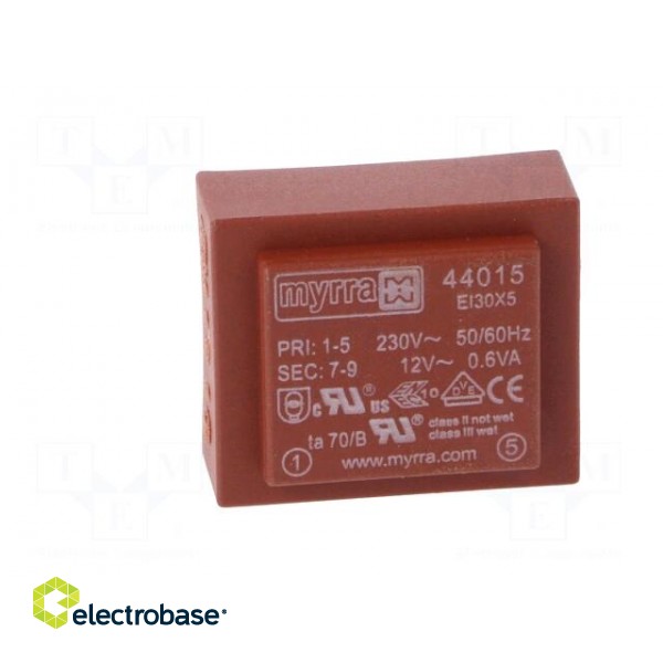 Transformer: encapsulated | 0.6VA | 230VAC | 12V | 50mA | Mounting: PCB image 3