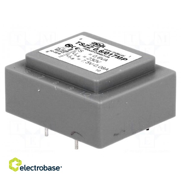 Transformer: encapsulated | 0.6VA | 230VAC | 7.5V | 0.08A | IP00 | 70g paveikslėlis 1