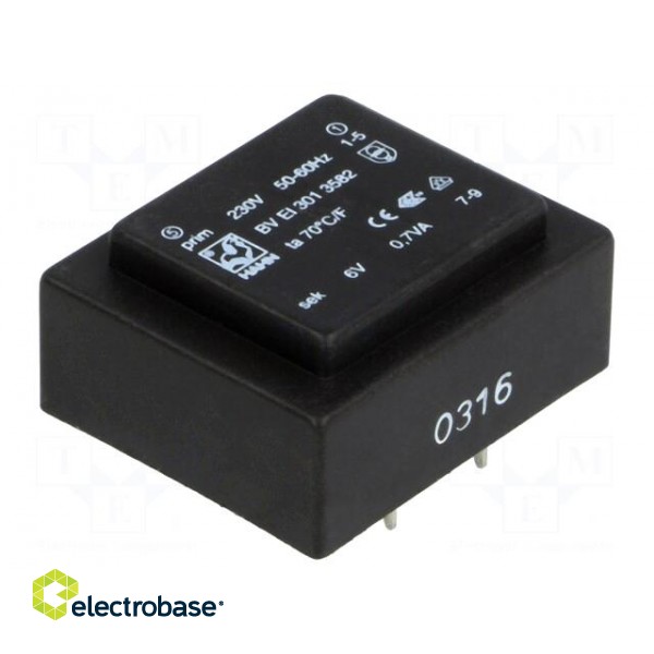 Transformer: encapsulated | 0.7VA | 230VAC | 6V | 117mA | Mounting: PCB image 1