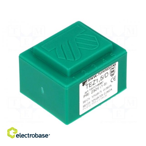 Transformer: encapsulated | 1.5VA | 230VAC | 12V | 12V | 62.5mA | 62.5mA image 1