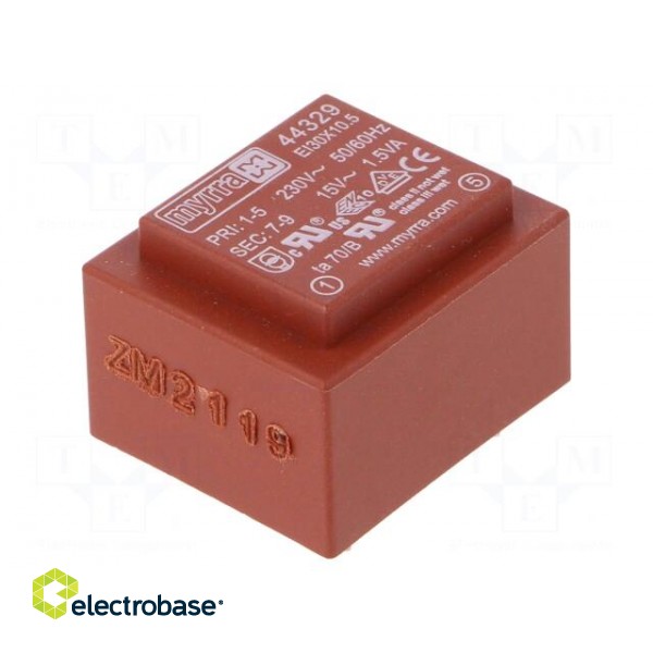 Transformer: encapsulated | 1.5VA | 230VAC | 15V | 100mA | Mounting: PCB image 1