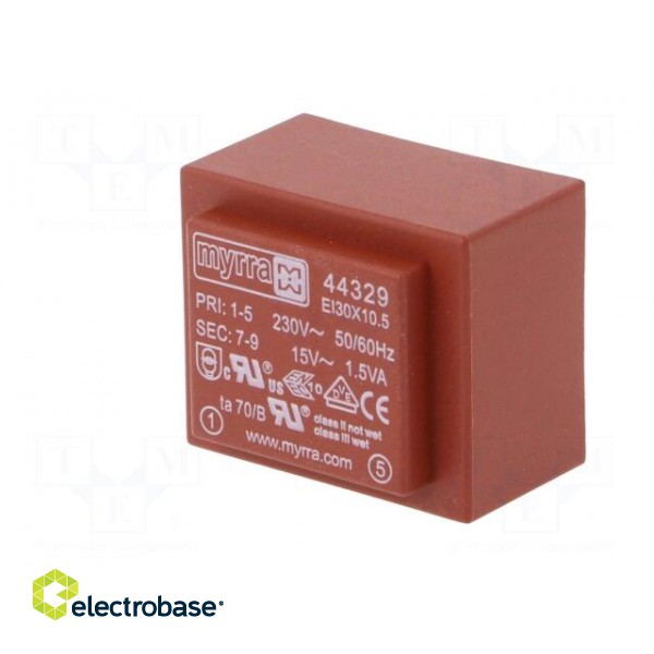 Transformer: encapsulated | 1.5VA | 230VAC | 15V | 100mA | Mounting: PCB image 4