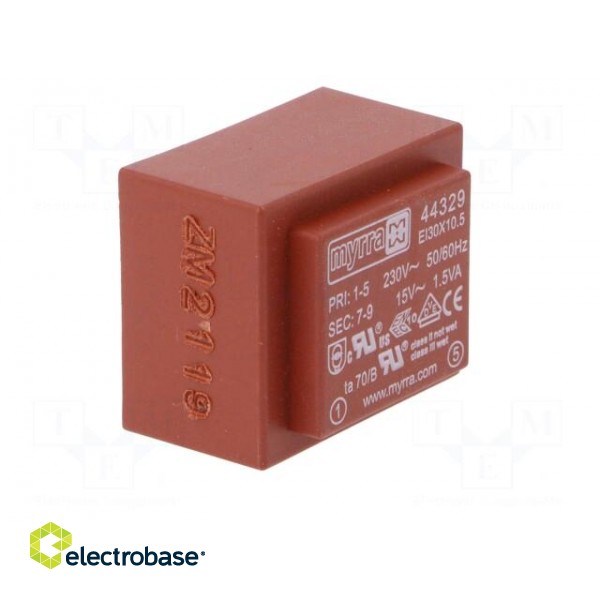 Transformer: encapsulated | 1.5VA | 230VAC | 15V | 100mA | Mounting: PCB image 2