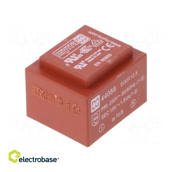 Transformer: encapsulated | 1.5VA | 230VAC | 15V | 100mA | Mounting: PCB image 1