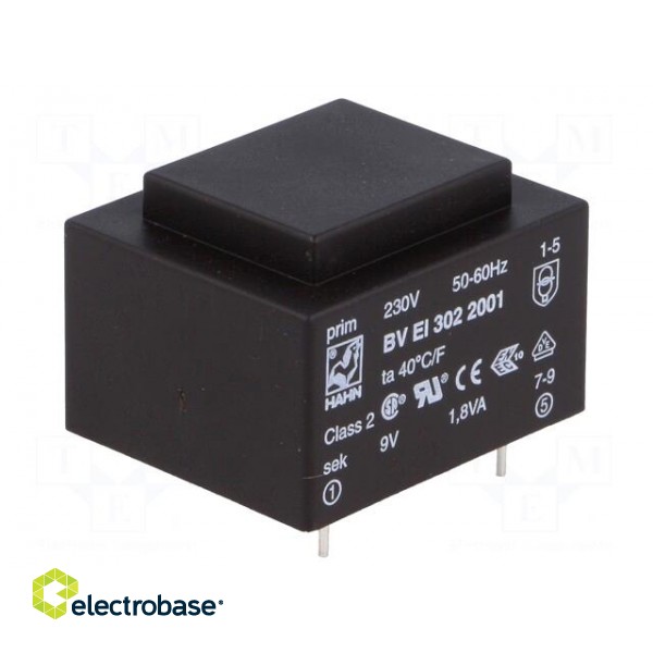 Transformer: encapsulated | 1.8VA | 230VAC | 9V | 200mA | Mounting: PCB image 1