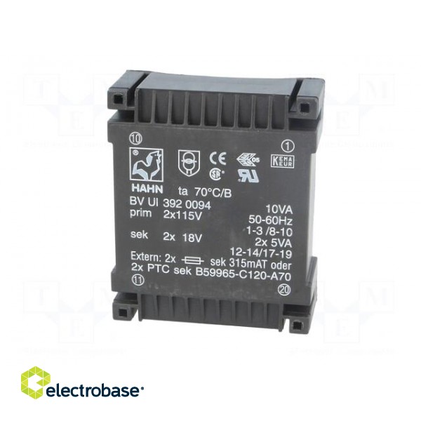 Transformer: encapsulated | 10VA | 115/115VAC | 18V | 18V | 277mA | 277mA image 3