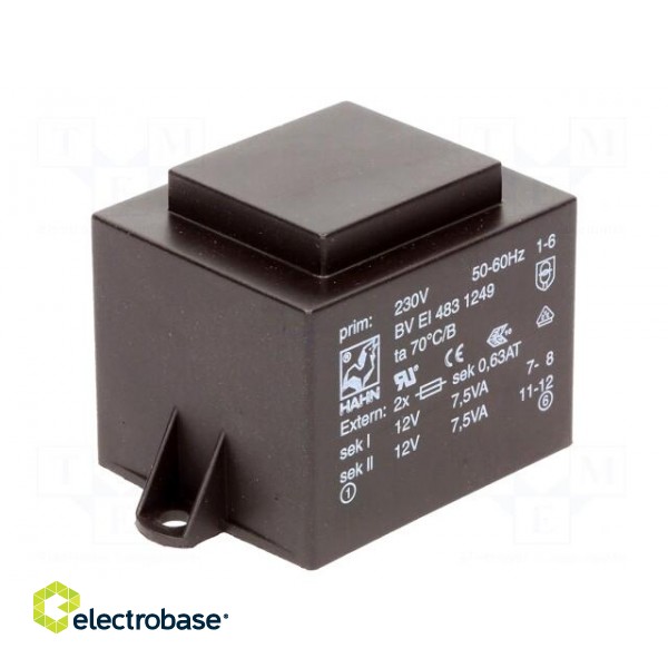 Transformer: encapsulated | 15VA | 230VAC | 12V | 12V | 625mA | 625mA | PCB image 1