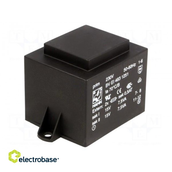 Transformer: encapsulated | 15VA | 230VAC | 15V | 15V | 500mA | 500mA image 1