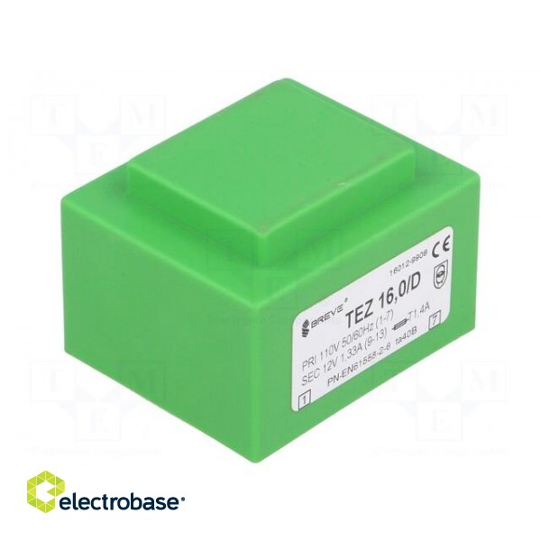 Transformer: encapsulated | 16VA | 110VAC | 12V | 1333.3mA | IP00 | 420g image 1