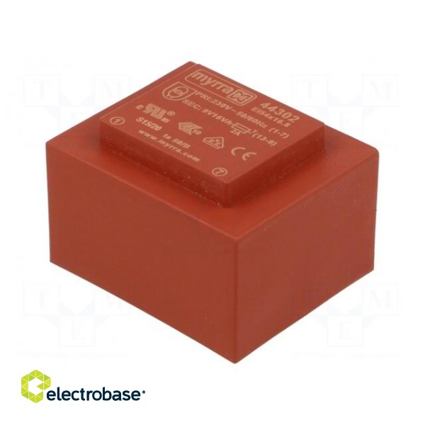 Transformer: encapsulated | 16VA | 230VAC | 9V | 1778mA | Mounting: PCB image 1