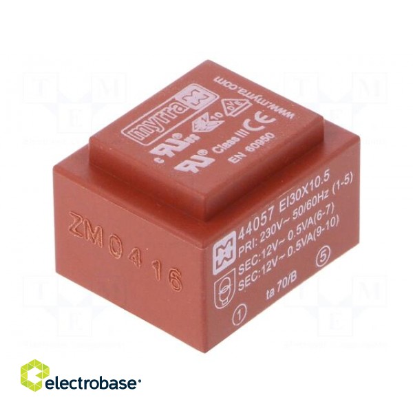 Transformer: encapsulated | 1VA | 230VAC | 12V | 12V | 42mA | 42mA | PCB image 1