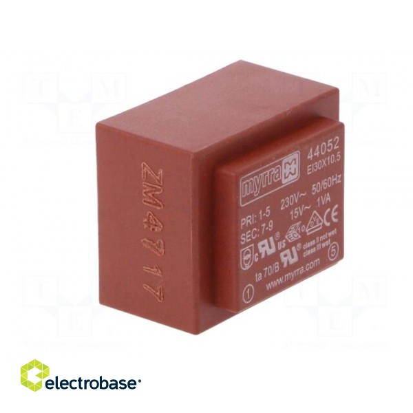 Transformer: encapsulated | 1VA | 230VAC | 15V | 67mA | PCB image 2