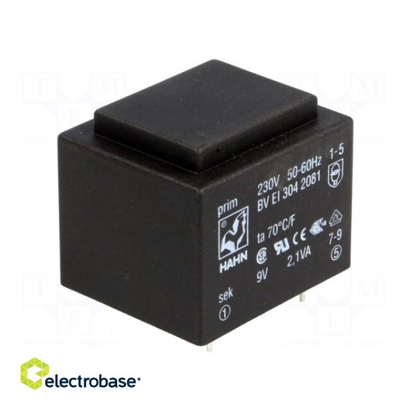 Transformer: encapsulated | 2.1VA | 230VAC | 9V | 210mA | PCB | BVEI paveikslėlis 1