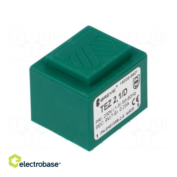 Transformer: encapsulated | 2.1VA | 230VAC | 9V | 233mA | PCB | IP00 | TEZ image 1