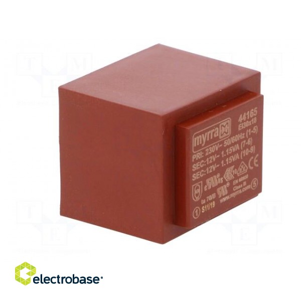 Transformer: encapsulated | 2.3VA | 230VAC | 12V | 12V | 96mA | 96mA | PCB image 2