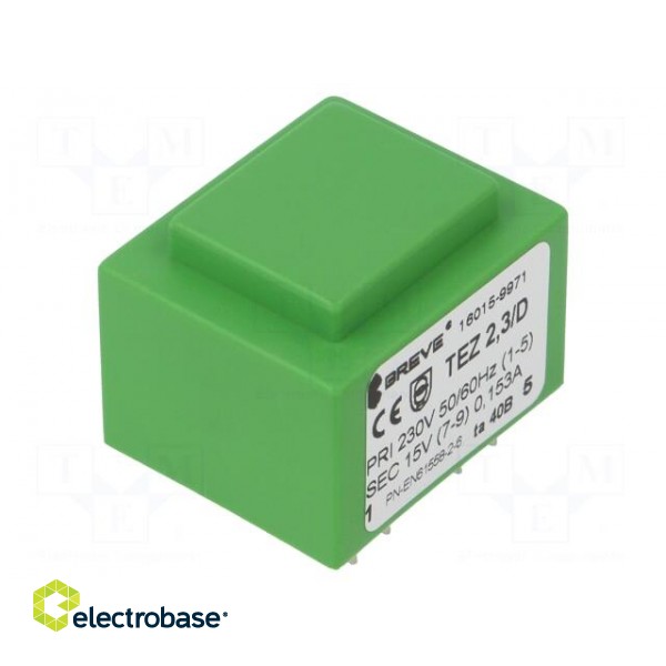 Transformer: encapsulated | 2.3VA | 230VAC | 15V | 153mA | PCB | IP00 image 1