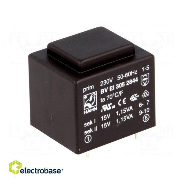 Transformer: encapsulated | 2.3VA | 230VAC | 15V | 15V | 76mA | 76mA | PCB image 1