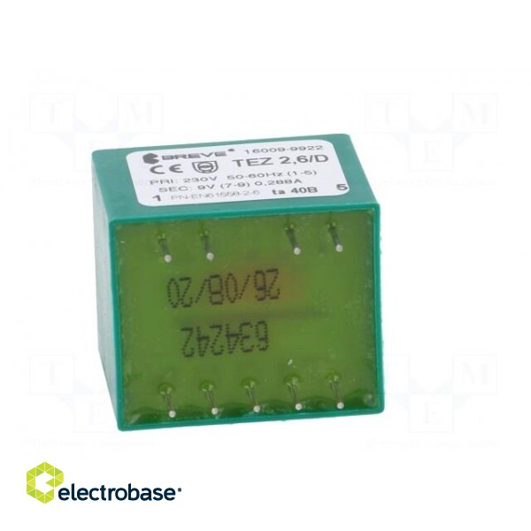 Transformer: encapsulated | 2.6VA | 230VAC | 9V | 289mA | PCB | IP00 | TEZ paveikslėlis 7