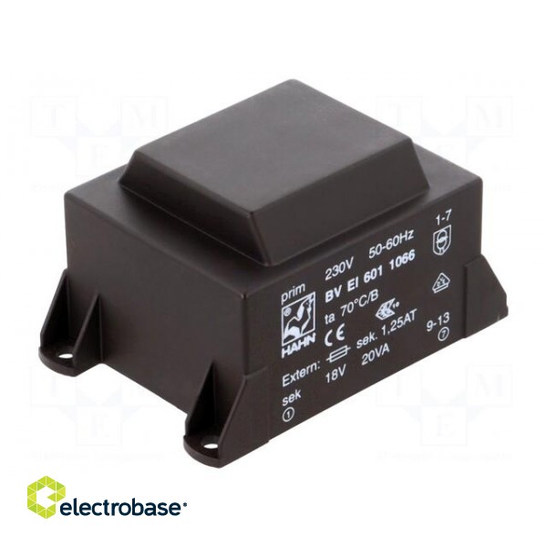 Transformer: encapsulated | 20VA | 230VAC | 18V | 1112mA | Mounting: PCB image 1