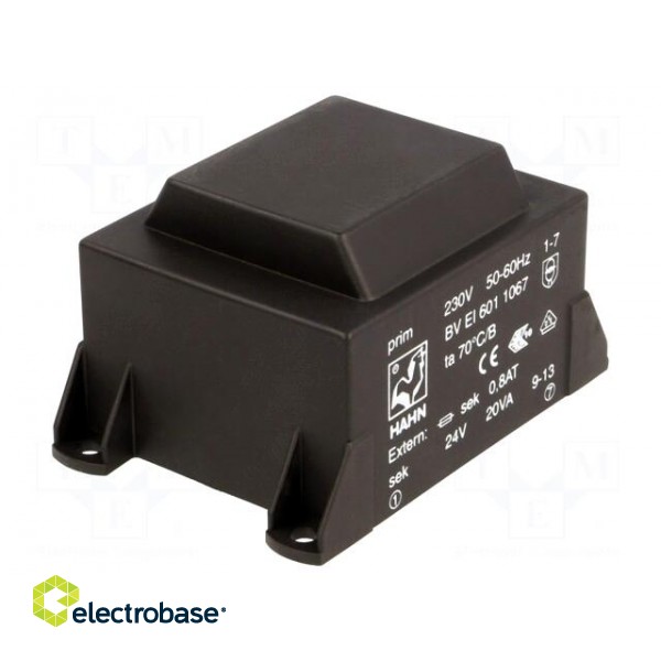 Transformer: encapsulated | 20VA | 230VAC | 24V | 834mA | Mounting: PCB image 1