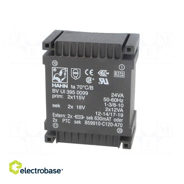 Transformer: encapsulated | 24VA | 115/115VAC | 18V | 18V | 666mA | 666mA paveikslėlis 3